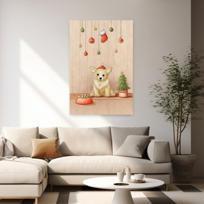 Christmas Corgi Puppy Abstract Contemporary Christmas Tree Dog Winter Landscape Wall Art Print 1 Piece Wrapped Canvas Wall Art