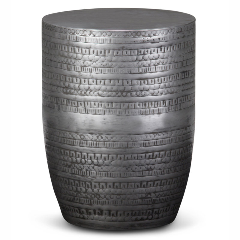 Johnsen 15"W Metal Industrial Boho Tribal Pattern Drum End Table with Textured Finish, Assembled, Antique Silver