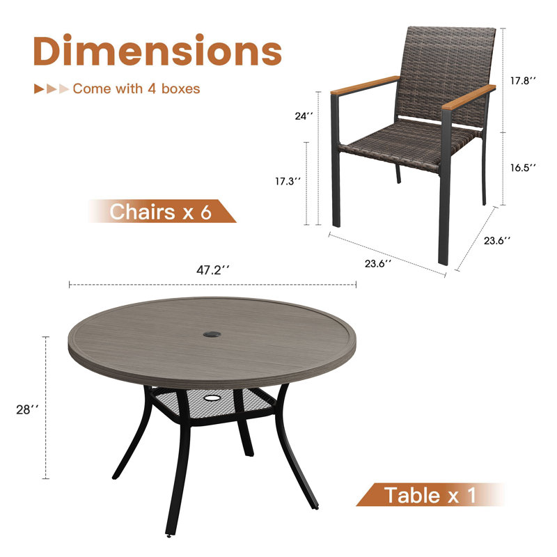 Ensemble repas pour 6 personnes avec table de salle à manger ronde en métal et 6 chaises en rotin avec accoudoirs