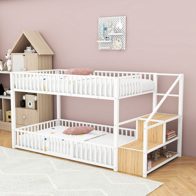 Metal Twin Over Twin Bunk Bed with Stairs Storage & Safety Railings, White