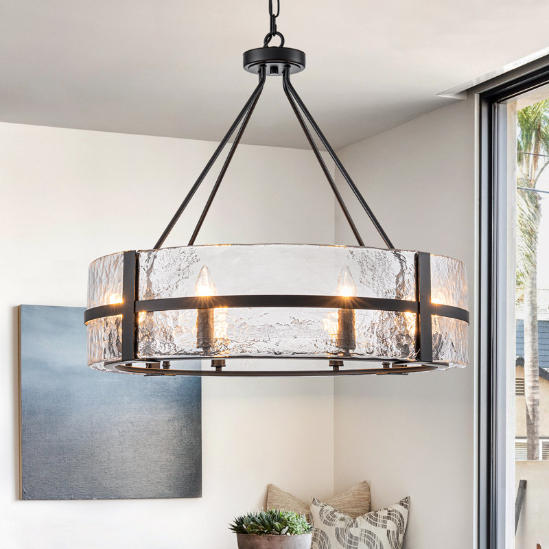 8-Light Dimmable Drum Chandelier, Matte Black, Clear