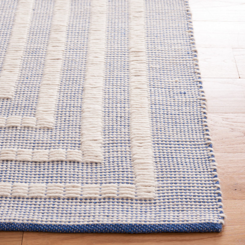 Natura Flat Weave Wool/Cotton Striped Rug in Ivory/Blue, Rectangle 5' x 8'