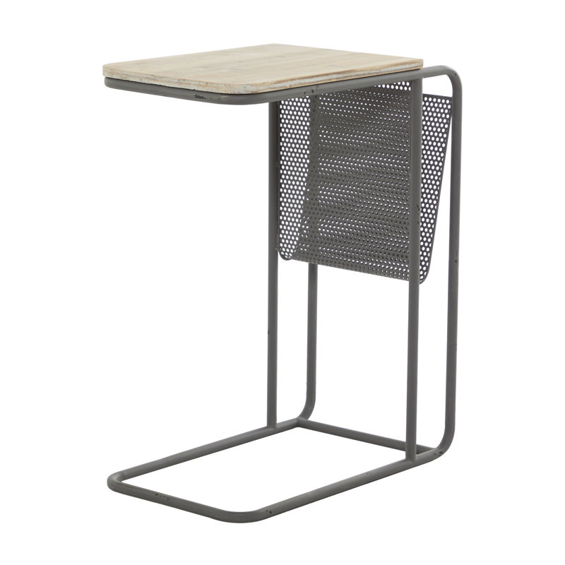 Table d'appoint en métal grise avec plateau en bois brun et rangement