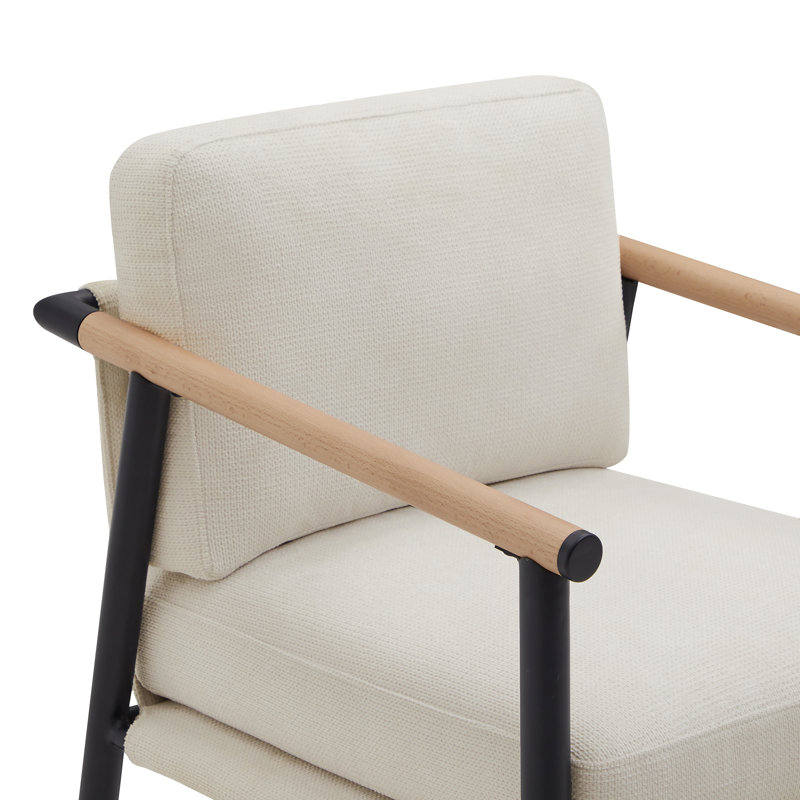 Beige Upholstered Counter Stools with Metal Frame and Wooden Armrests