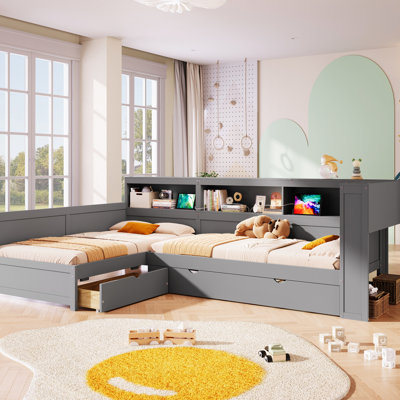 Twin Size L-Shaped Grey Wood Platform Bed With Trundle, Drawer, 5 Storage Shelves And Charging Station 2 Standard Plug Outlets, 1 Type-C Port For Guest Rooms Coastal Bedrooms