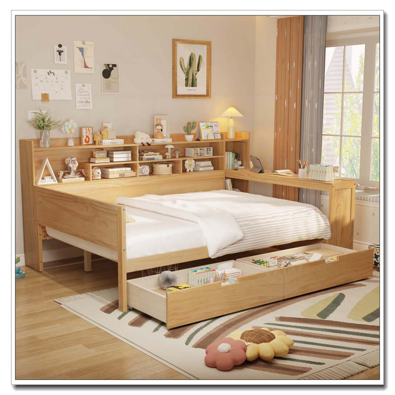 Lit de jour en bois avec tablettes de rangement et tiroirs