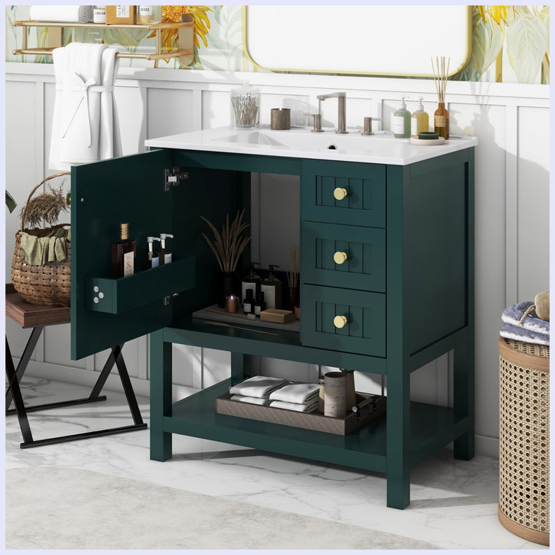 Meuble-lavabo moderne de style transitionnel avec lavabo en céramique, Vert