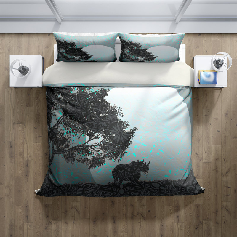 Ensemble de housse de couette African Night Moonlight Rhino, Housse de couette grand + 2 taies décoratives