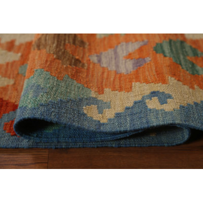 Tapis bleu / orange / crème en laine noué à la main de conception unique 6 pi 9 po x 9 pi 9 po New Age