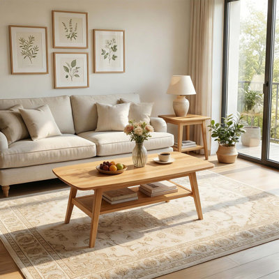 Table basse Mid-Century moderne en chêne massif avec rangement à 2 niveaux