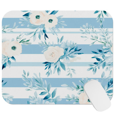 Floral Blue Flowers and Stripes IV Glam Gaming Cute Office Laptop Desk Pad Gift Mat Square Rectangle Non-Slip Mousepad