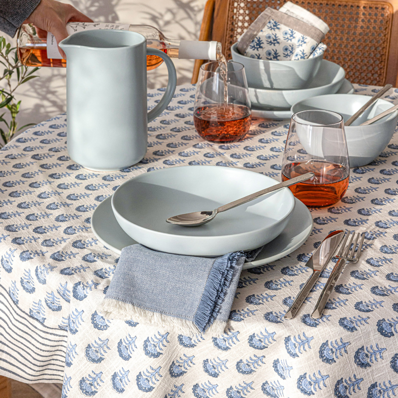 over&back Hand-Blocked Tablecloth, 70" W x 90" L, Blue Flower