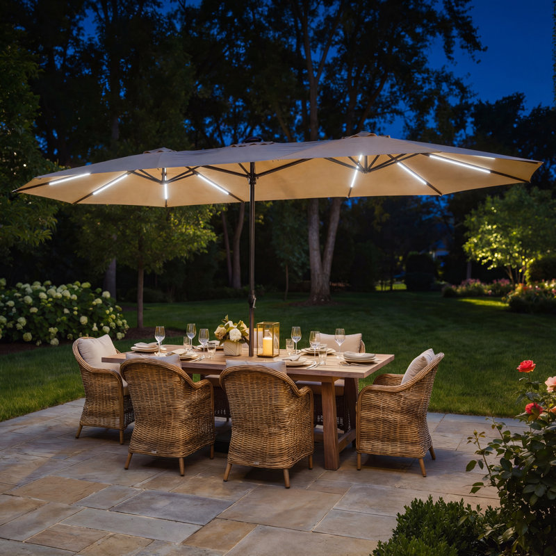15 ft rectangular patio umbrella with solar lights Kingdura 15ft Large Lights, Double-Sided Rectangle Lighted Outdoor Table Umbrella with Base Included, 12 Reinforced Ribs, 48 Led Lights, Crank Lift for Market Pool Deck Backyard This 15 Solar-Powered 15FT Rectangular Patio Umbrella