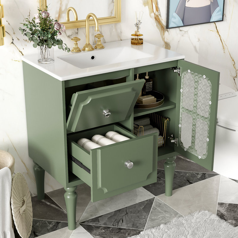 Meuble-lavabo de salle de bain de style rétro avec lavabo en céramique 30 po, meuble-lavabo simple autoportant avec 2 tiroirs, armoire de rangement en bois massif