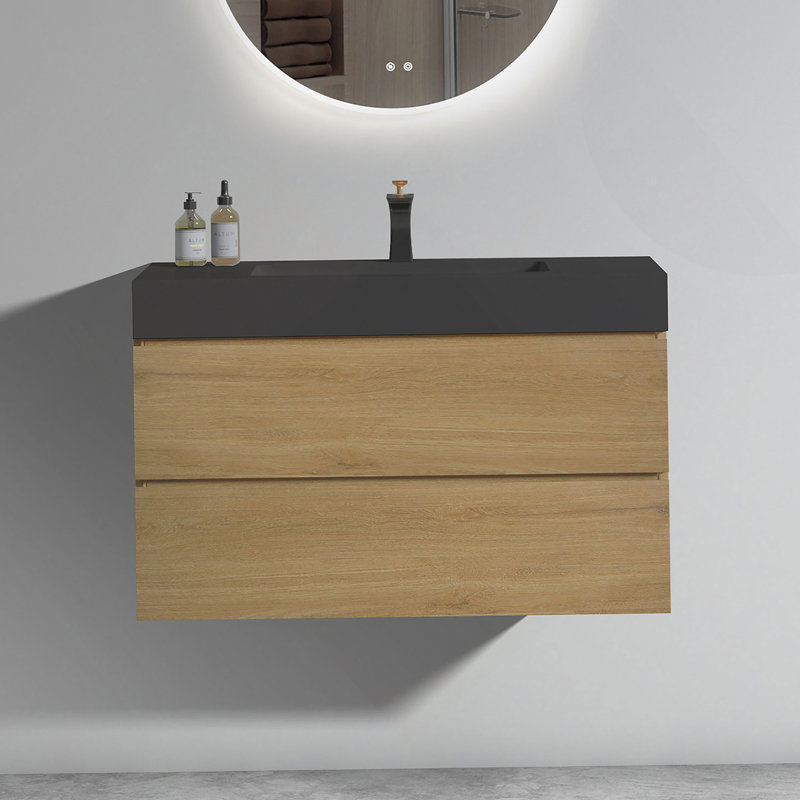 Meuble-lavabo de salle de bain avec lavabo, grand meuble-lavabo flottant mural pour salle de bain moderne, lavabo une pièce blanc brillant sans bonde ni robinet