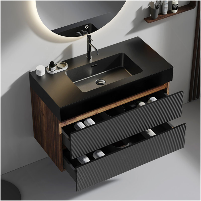 Meuble-lavabo Grace avec lavabo et tiroirs noirs doux, meuble-lavabo mural flottant pour salle de bain moderne, lavabo une pièce