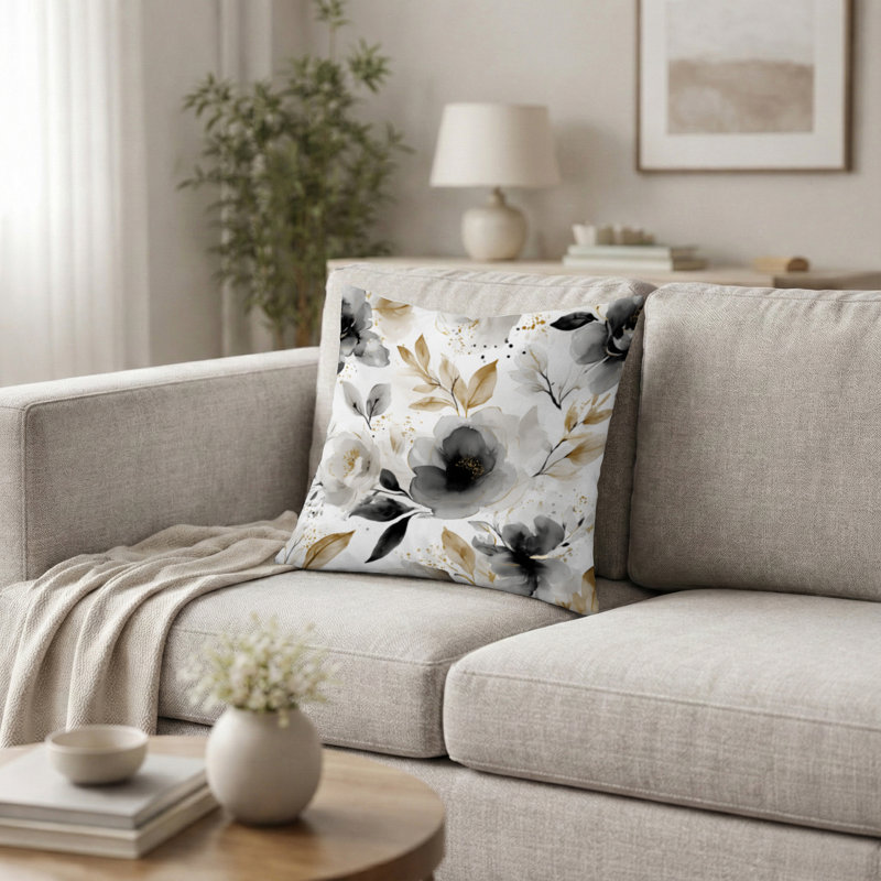 Country Farmhouse Accent Pillow - Floral Black Whisper Printed Throw Pillow, 18"H x 18"W