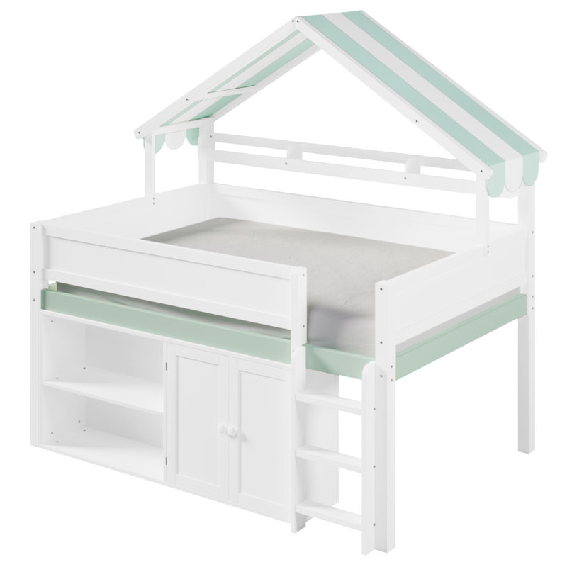 Lit mezzanine double avec toit à baldaquin et armoire de rangement, blanc et vert, Blanc/vert