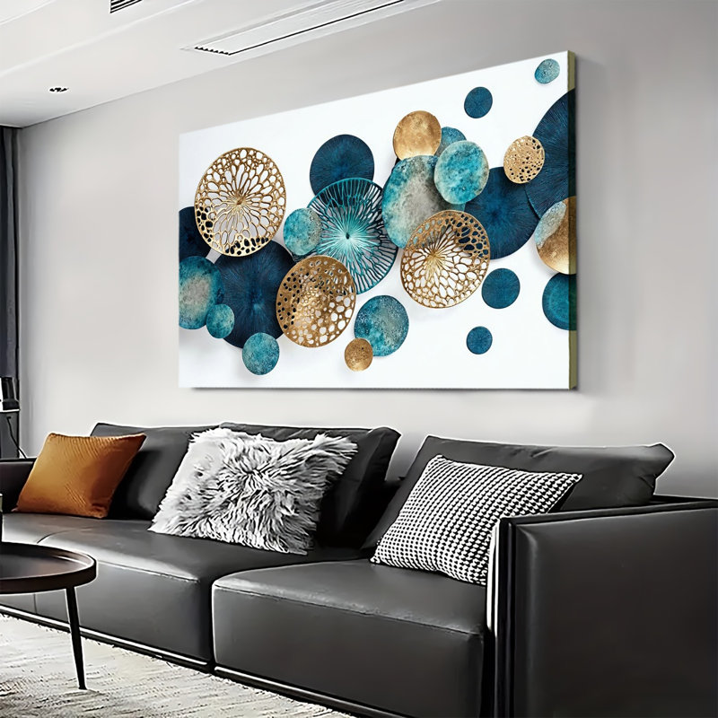 Art mural abstrait bleu sarcelle et doré, grande impression sur toile tendue pour salon, chambre à coucher, 20x30in