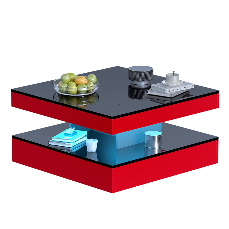 Table basse DEL avec rangement Moderne avec lumières DEL réglables, H 15,7 po x L 30,7 po x l 30,7 po, Rouge brillant / noir