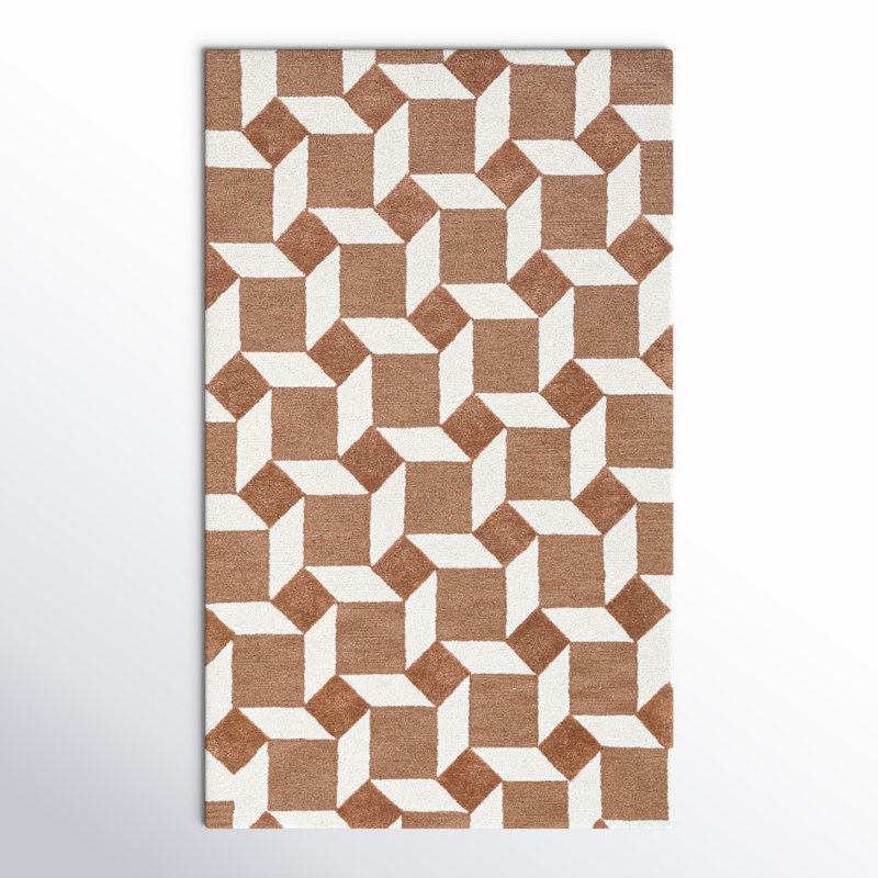 Retro Brown and White Hand-Tufted Wool Geometric Rug