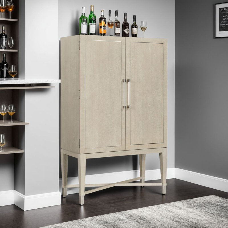 Olto Bar Cabinet, 68 Inch, 2 Shelves And Stemware Racks, Brown Veneer