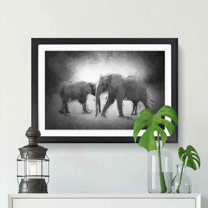 Elephants Crossing Paths in Abstract - Picture Frame Painting Print on MDF, Black Framed, 27cm H x 36cm W 