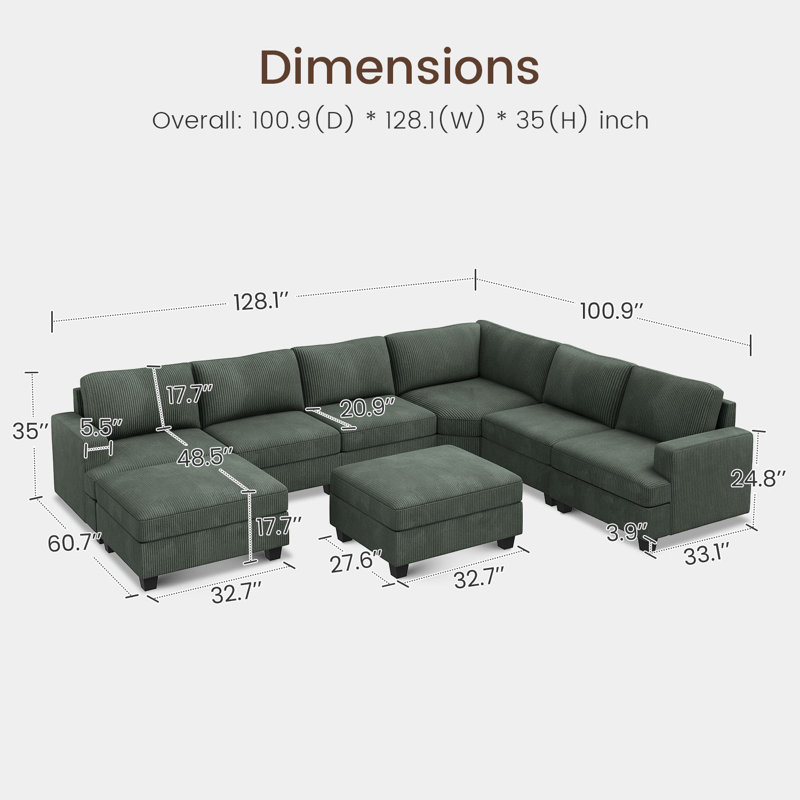 Turrella Corduroy Sectional Upholstered Modular Sectional Sofa with Storage Ottoman, Green Corduroy