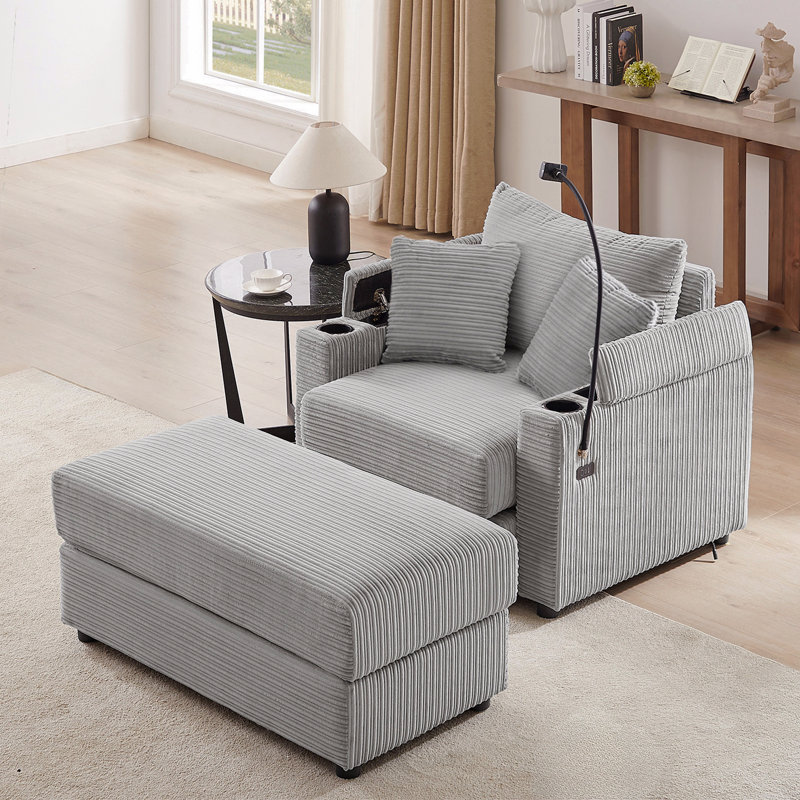 Canapé simple de 41,7 po de style moderne avec espace de rangement, repose-pieds mobile, deux ports USB, deux porte-gobelets et un support pour téléphone