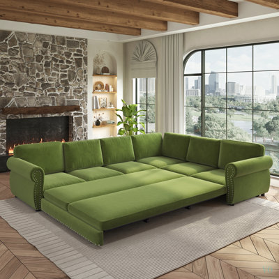 Canapé d'angle en L de 3 m avec lit gigogne, canapé-lit convertible surdimensionné avec garniture cloutée et accoudoirs arrondis, canapés d'angle en chenille, pour salon