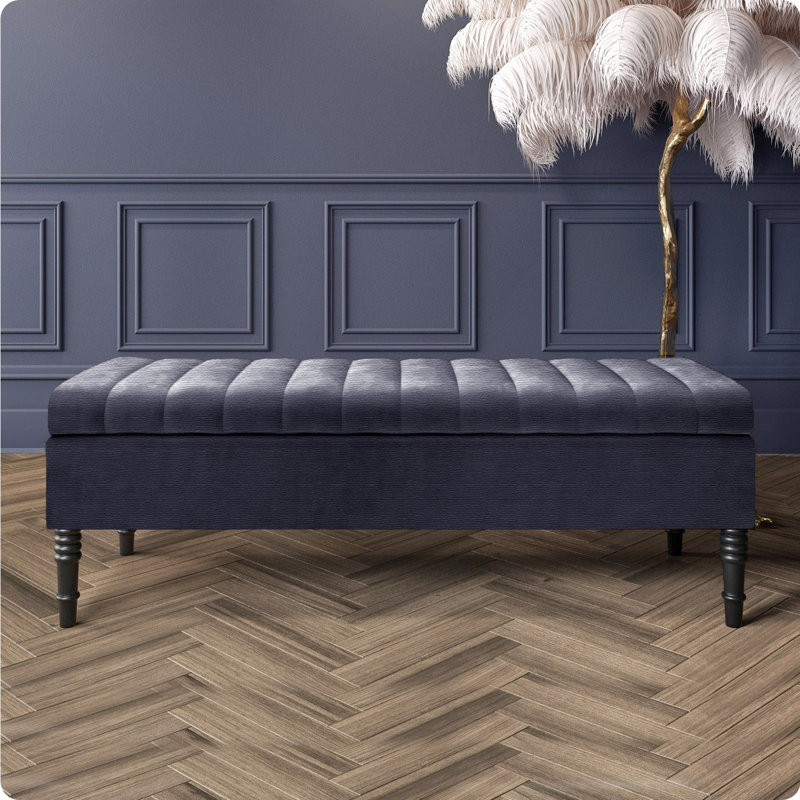 Safar Striped Ottoman Storage Bench – Upholstery Naples Shoe Bench with Black Turned Wooden Legs, Charcoal