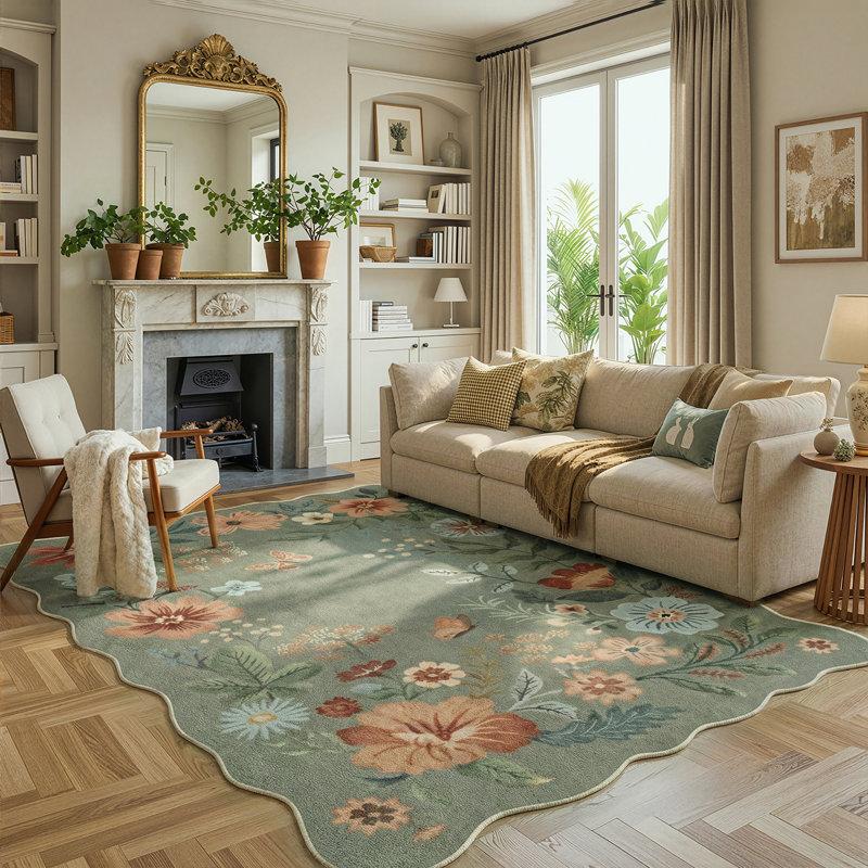 Garbrand Machine Washable Floral Botanical Green Area Rug with Non-Slip Backing for Living Room, Dining Room, Bedroom