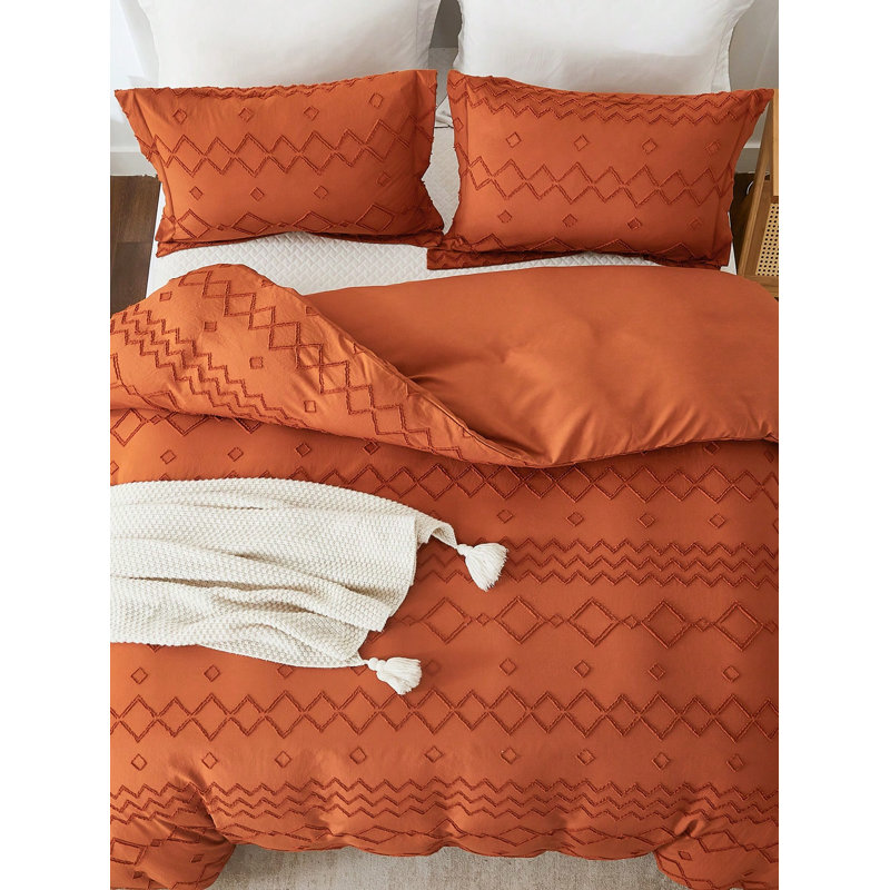 Ensemble de housse de couette Boho EMME, Orange géométrique, Housse de couette simple + 1 taie décorative stan