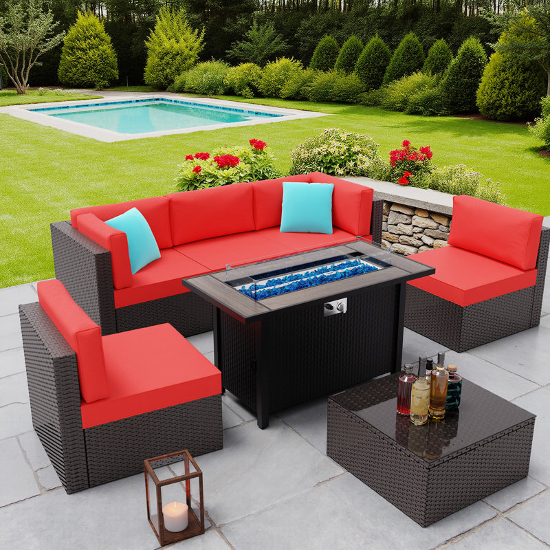 7 Piece Sectional Seating Group With Cushions, Red