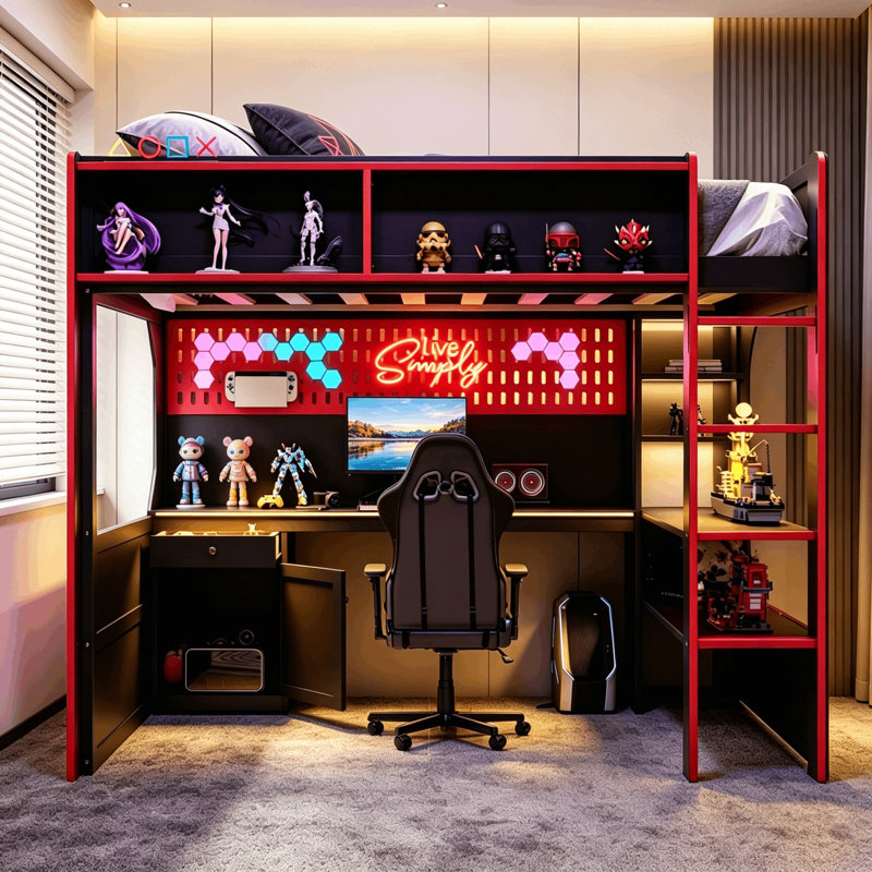 Lit mezzanine Gaming avec bureau éclairé, prises de courant, panneau perforé, tablettes et armoire multi-rangement
