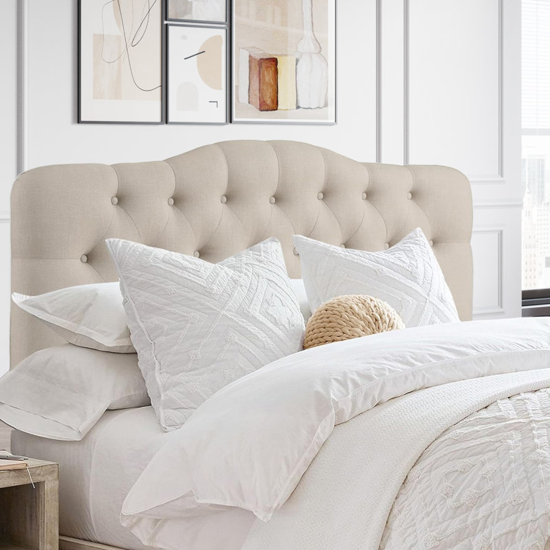 Linen Upholstered Headboard-Modern-Adjustable Height-Button Tufting, Beige, Full