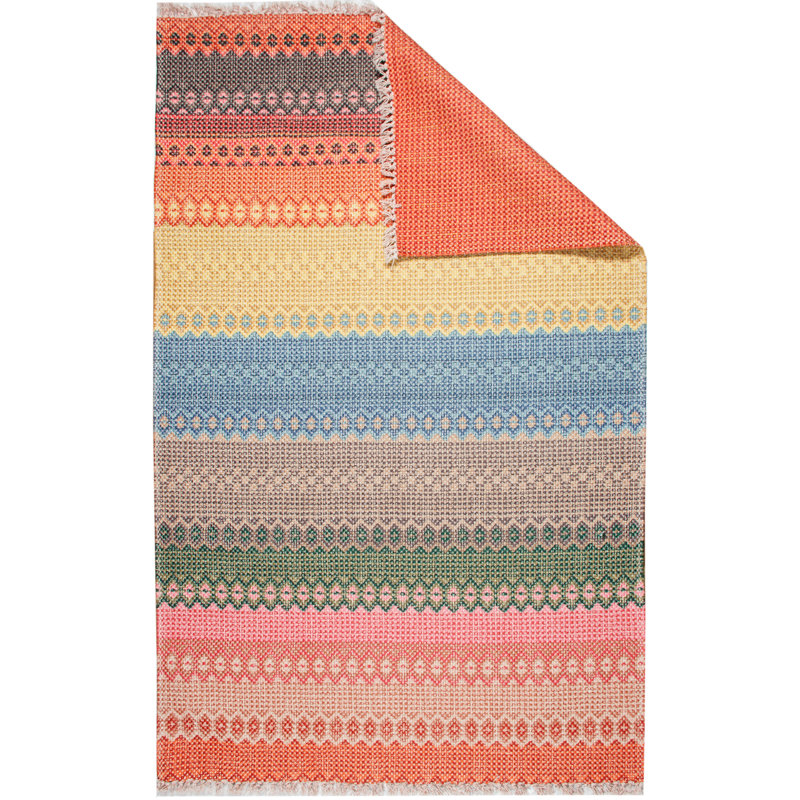 Tapis rayé en polyester tissé à plat à la machine en orange / vert / jaune Sena, Rectangle 4 pi 11 po x 7 pi 7 po