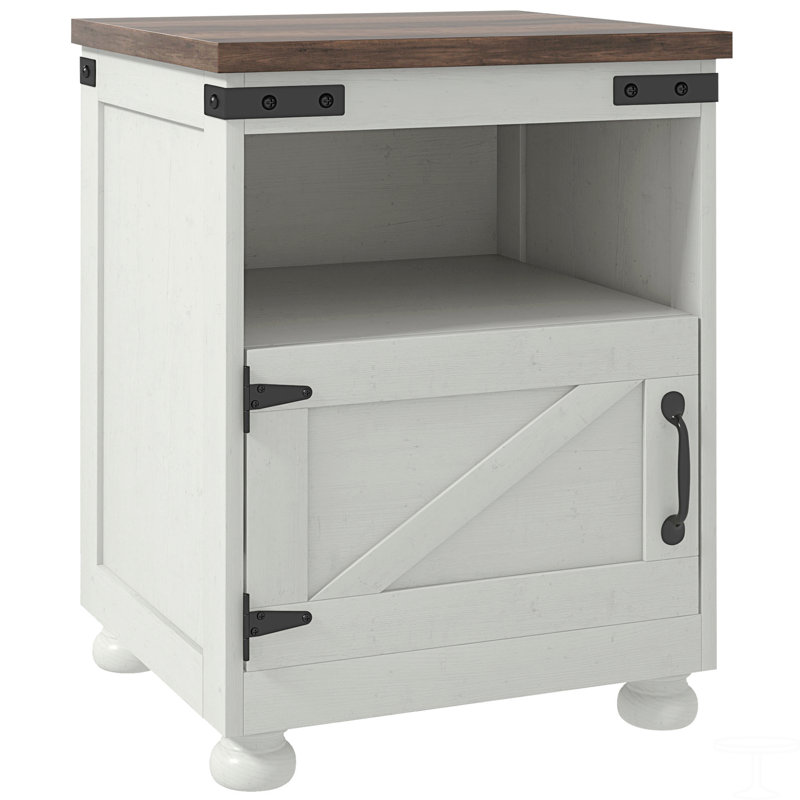 Modern Farmhouse End Table with Shelf and Cupboard, White, Brown, White