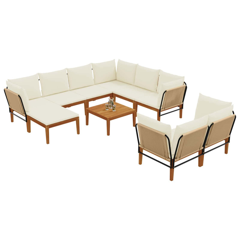  Garden Lounge Set Solid Acacia Wood & Rope Sofa Outdoor Furniture Patio, Cream White, Natural/Beige