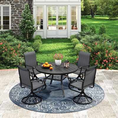 Outdoor Patio Dining Set - 41.7” Round Table with Umbrella Hole & Storage Shelf + 4 Swivel Chairs by Darby Home Co