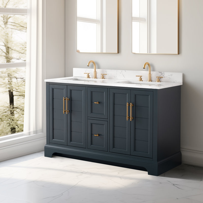  54" Freestanding Double Sink Bathroom Vanity with Top, Vintage Blue