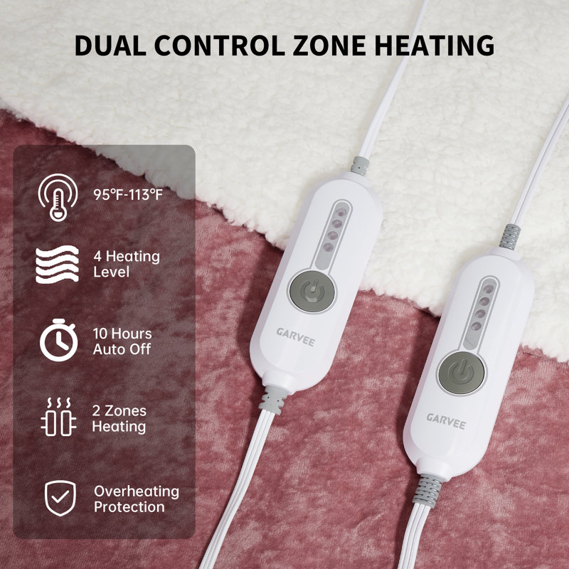 Couverture chauffante électrique en velours doux à double commande, chauffage rapide avec 4 niveaux de chaleur, arrêt automatique après 10 h, lavable à la machine, protection contre la surchauffe certifiée ETL - Rose, 229 x 254 cm (King)