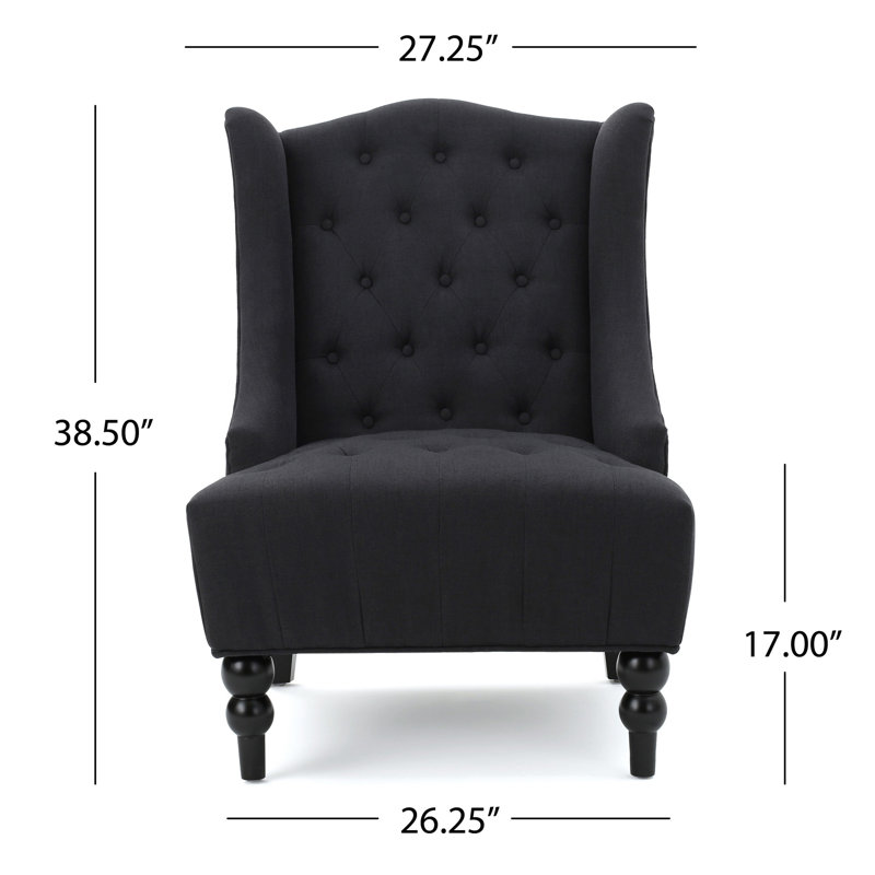 Fauteuil club Tesy, design à oreilles, tissu gris capitonné