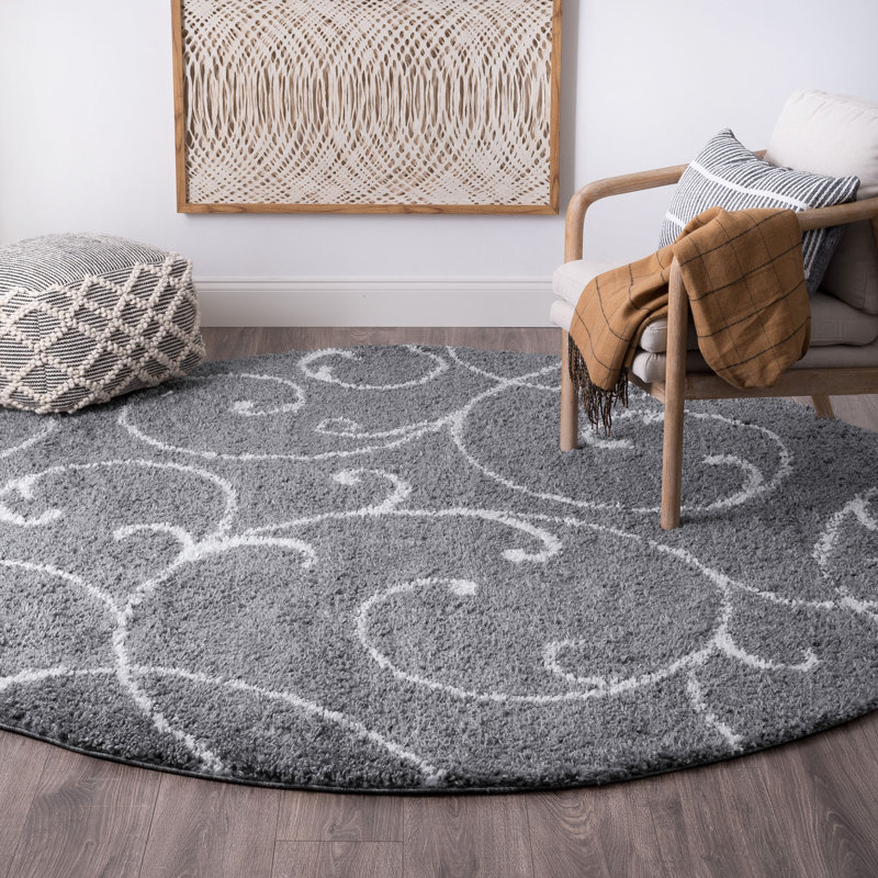 Tapis gris foncé à poils longs Roanoke, Rond 5 pi 3 po