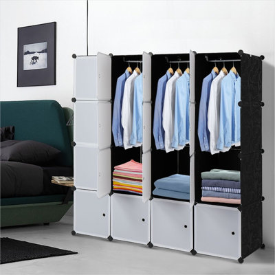 16-Cube Modular Organizer with Steel Wire Frame and Hanging Rods in Clean White for Bedroom and Study