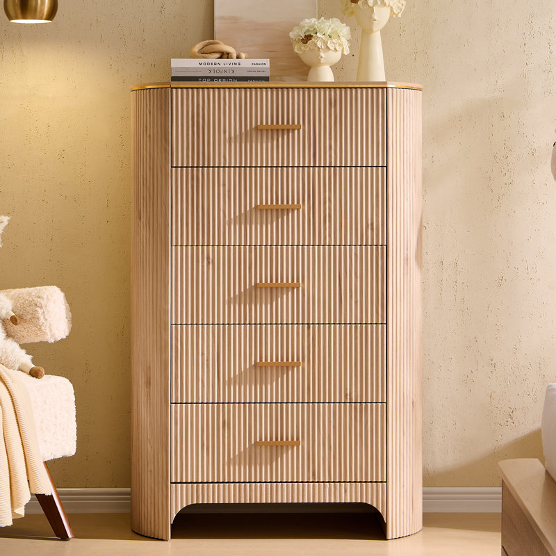 Fluted 5 Drawer Tall Dresser With Curved Profile  , 47.8" Tall Drawers With Reeded Texture, Gold Handles Storage Organizer Cabinet For Bedroom, Living Room, Entryway,Light Oak