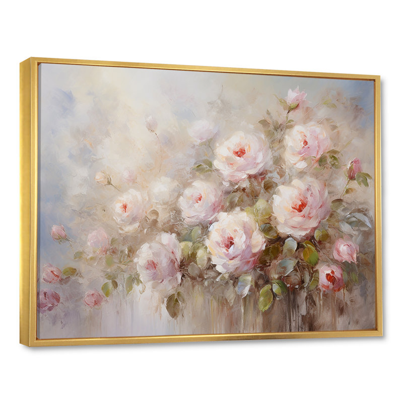 Pink Roses Farmhouse Charm On Canvas Print, Floater Framed Print, 16" H x 32" W, Gold