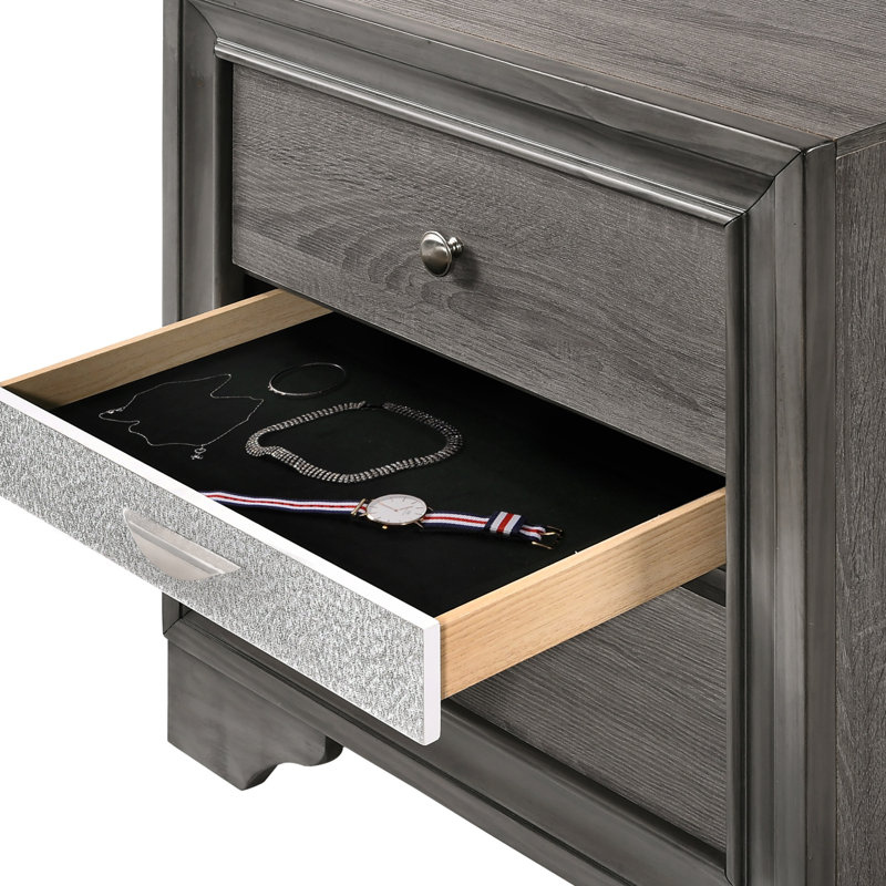 Table de chevet 2 tiroirs en bois, Gris