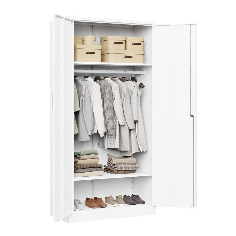 36 Inch Wide Metal Wardrobe Cabinets Storage Cabinets with Lock, White