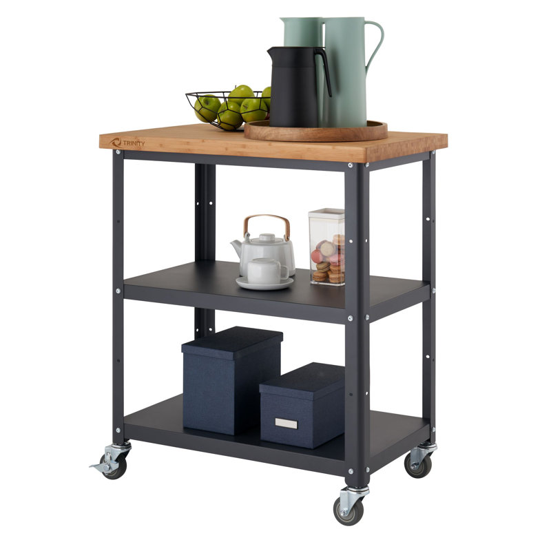 32 In. Bamboo And Metal Kitchen Cart W/ Wheels, Powder Coated Dark Gray